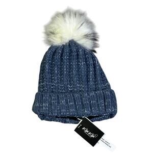 NWT Kyi Kyi Knit Faux Fur Pom Pom Fold Up Beanie Womens OS Blue Cottagecore